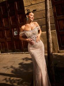 Elegant Women's Party Dress With Sparkling Decorations, Spaghetti Straps, Open Shoulder Sleeves, And Charming Mermaid Hem, Perfect For Formal Dinners - 香檳色 - 查看 11