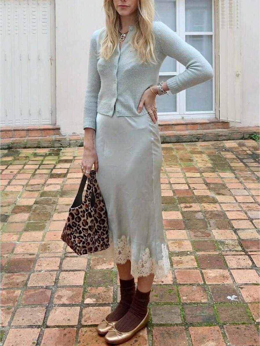 Women Silk Satin Half Slip Long Skirts Lace Patchwork Elastic Waist Long Skirt Elegant Silky Flowy A Line Midi Skirts - 淺藍色 - 查看 1