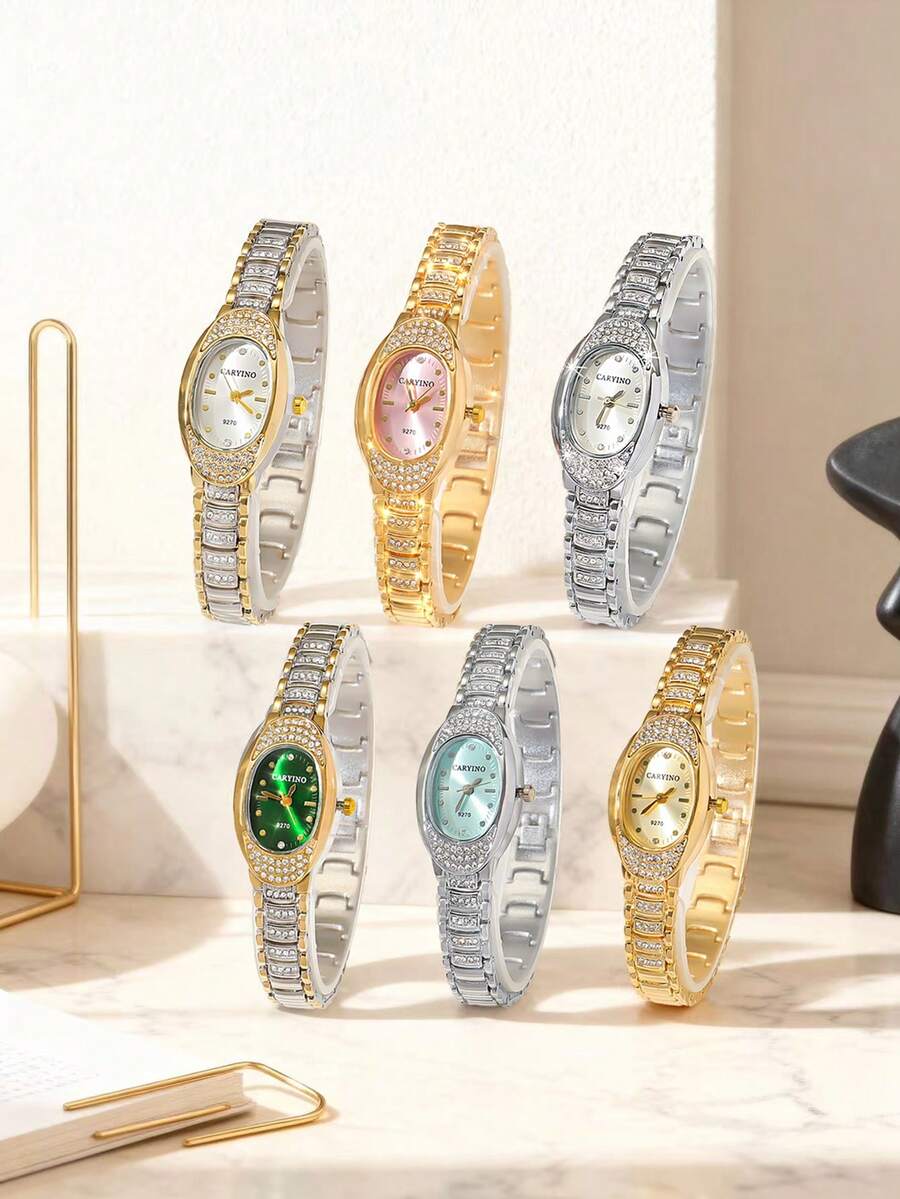 CARYINO 1pc Luxury Oval Dial Watch With Rhinestone Decor Elegant Strap, Fashion Chic Ladies Accessory Watch, Suitable For Daily Wear, Parties, Outfits, Birthday Gift