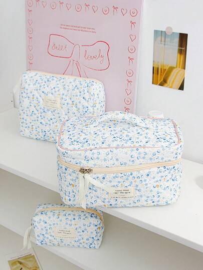 1pc Blue Corduroy Floral Portable Travel Makeup Bag, Fashion Casual Large Capacity Zipper Cosmetic Bag, Travel Stationery Storage, Vacation Essential Makeup Bag, Can Hold Earphones, Chargers, Lipsticks, Cosmetics, Perfumes, Skincare Products, Home Decor, Suitable For Moms, Nurses, Students, Student Party, Keys, Holiday Gifts