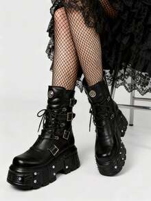 Cool Fashion Women Combat Boots Chunky Heels Thick Bottom Studs Zip Buckle Platform Punk Gothic Luxury Women Street Shoes - 黑色 - 查看 4