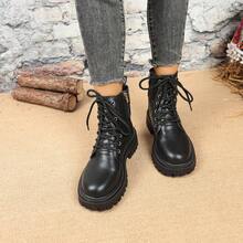 时尚黑色靴子，厚底增高，系带+侧拉链，街头风踝靴，搭扣，正装靴 - 黑色 - 查看 7