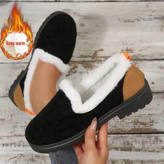 Nya moderiktiga vinterskor för inomhus och utomhus, mjukt och bekvämt foder i fuskpäls, krage i fuskpäls, varma platta skor för inomhus och utomhus, bekväma och lätta utomhussporter, damskor i julstil