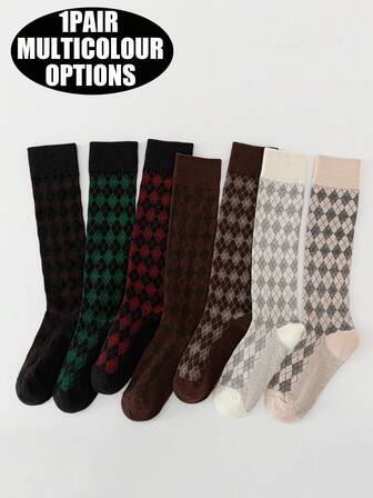 1 Pair Women's Over The Calf Socks With Diamond Pattern And Subtle Floral Design, Versatile, Suitable For Various Occasions, Cozy Socks