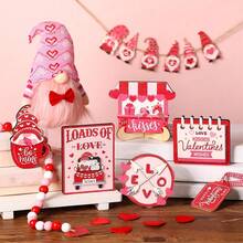 Set de 13 piezas de decoración para San Valentín: bandeja escalonada con gnomos de madera y corazón. Ideal para decorar el hogar o como recuerdo de fiesta. - Rosa Fucsia - Ver 2