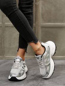 女士拼接撞色厚底系带休闲厚底运动鞋，适合徒步、户外运动和跑步 - 黑色 - 查看 4