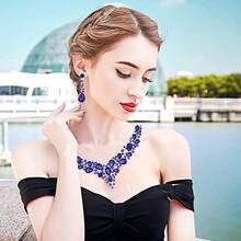 Clear Crystal Rib Statement Necklace Earrings Set Spark Rhinestone Women Jewelry Set Chunky Bridal Teal Crystal Drop Accessories For Ladies And Bridesmaids{Inchcolor_nameinch:InchBlueinch} - Blue - 查看 3