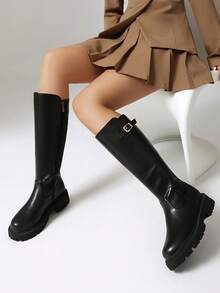 Women's Black Leather Skinny Fashion Boots, Casual Tight Leather Boots, Western Cowboy Boots, Fashionable Casual Riding Boots - Black - View 4