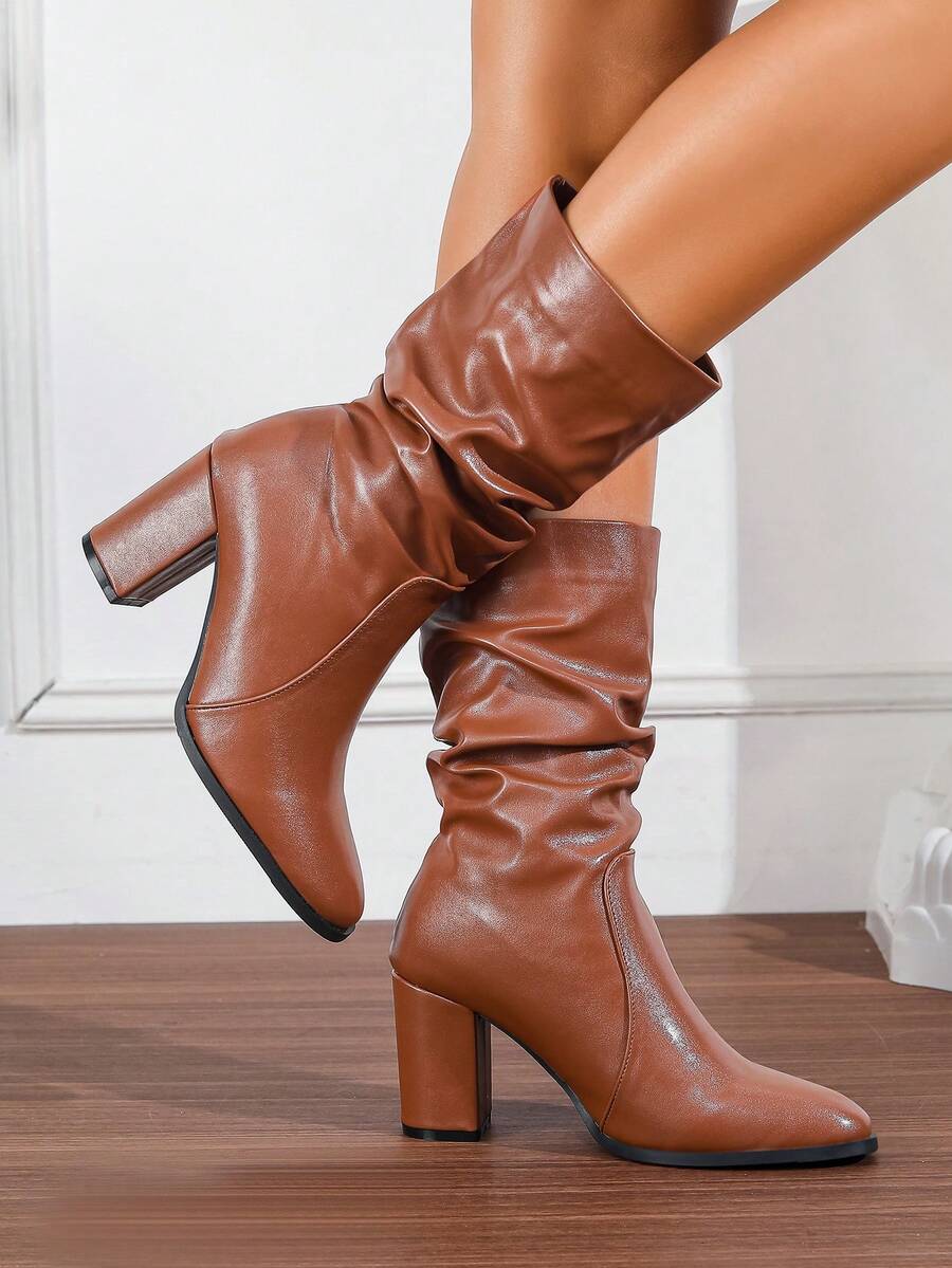 Chunky Heel Slouchy Boots Round Toe Suede Slim Tall Boots For Women, New Autumn/Winter Mid-Calf Riding Boots, High Heel Chunky/Slim Heel - 摩卡棕 - 查看 1