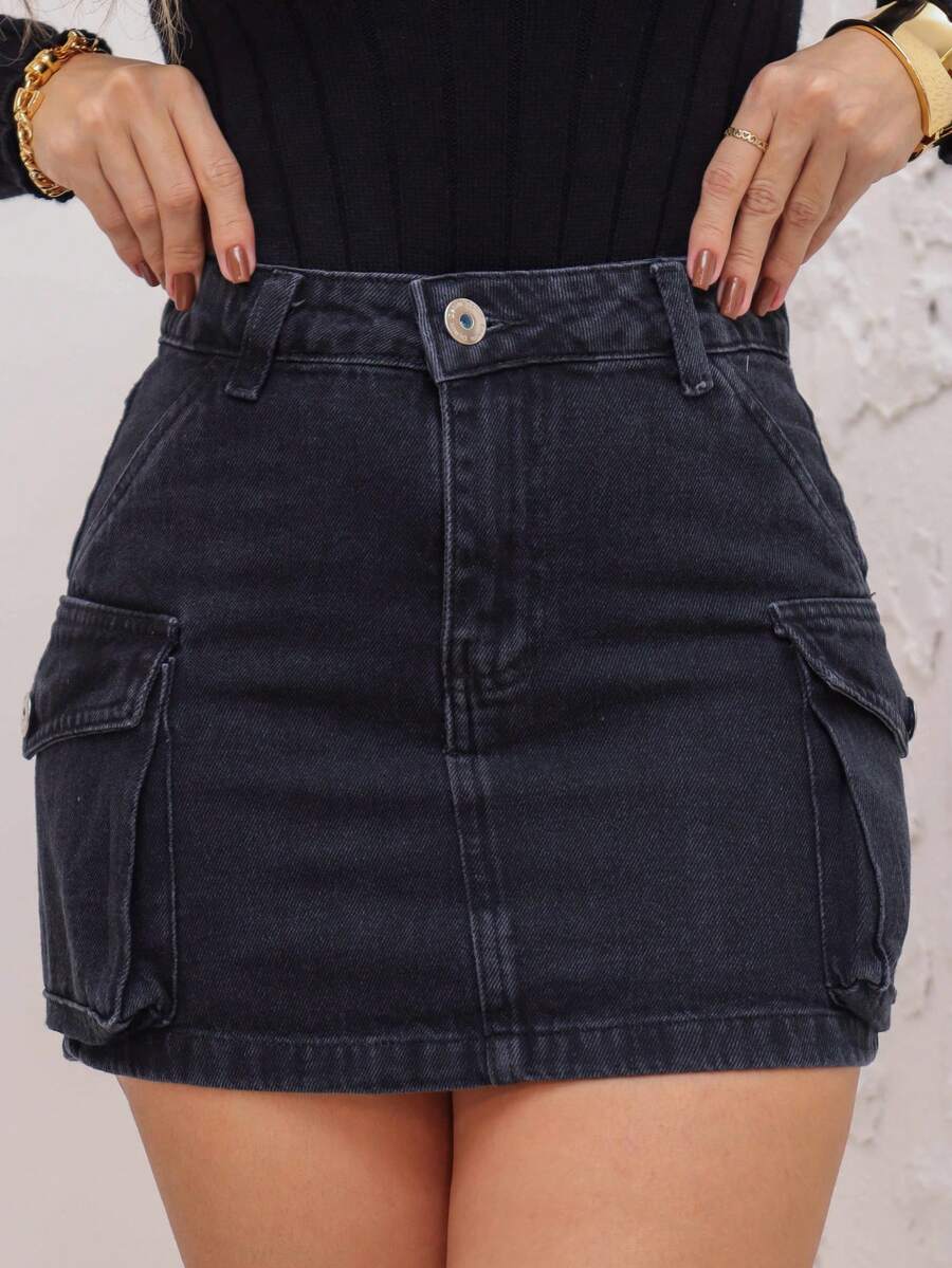 Saia jeans feminina  Lateral  Bolsos grandes  2021 pengmoda2