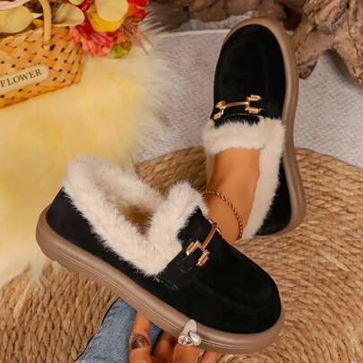 2025 Autumn/Winter Plush Thickened Loafers Women Flat Slip-On Warm Casual Shoes, Anti-Slip Soft Bottom