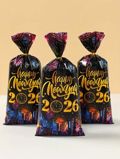 25个新年快乐礼品袋，烟花和彩带图案设计 - 2026新年派对用品，耐用塑料可重复使用庆祝袋，适用于生日、婚礼装饰，烟花黑色礼品袋，金色字母和数字2026