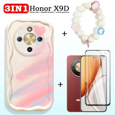 3pcs/Set For Honor X9D: Clear Tempered Glass Screen Protector, Cream-Colored Painted Phone Case, Acrylic Cute Flower Beaded Phone Lanyard Wrist Strap