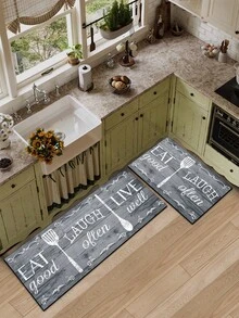 1 pezzo Zerbino serie blu, con lettere inglesi e motivi di utensili da cucina, bordo rettangolare floreale con stile vintage - tappeto per corridoio, semplice e liscio, stile caldo e rustico, tappetino in diatomite spesso circa 3 mm in morbida gomma, adatto per cucina, bagno, ingresso, lavanderia, studio, soggiorno, decorazione per casa e stanza