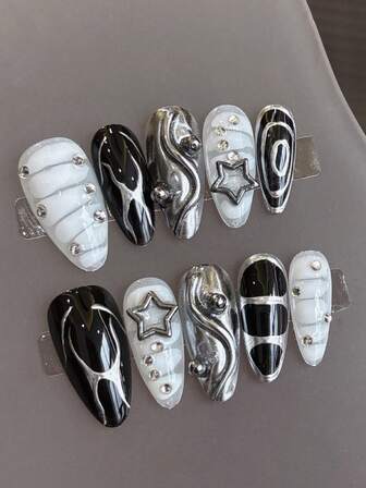 10 piezas de uñas postizas de acrílico, uñas falsas cortas de almendra, suministros para uñas, uñas de Halloween, tomando el negro, el blanco y el plateado como los colores principales, integrando remaches metálicos, decoraciones de estrellas huecas y texturas plateadas y negras estilizadas, combina la frescura del punk con el sentido futurista interestelar. Adecuado para que las damas lo usen en bodas, fiestas, vacaciones, herramientas de uñas de regalo.