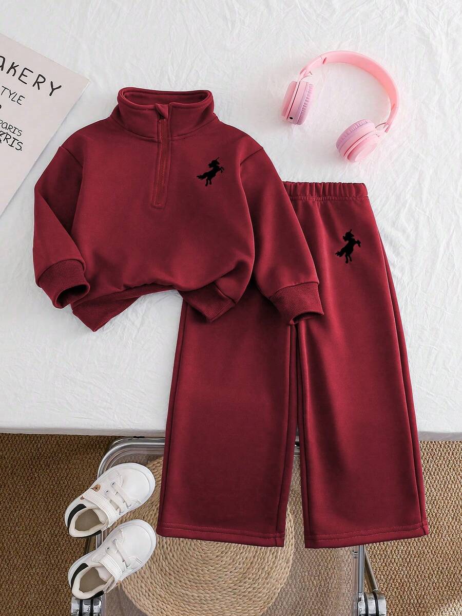 Chatreadl 2 piezas Conjunto de sudadera y pantalones de unicolor con bordado de unicornio para niñas, diseño minimalista, cómodo para primavera, otoño e invierno - Burdeos - Ver 1