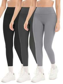 3pcs/Set Women's High Waist Yoga Sports Leggings, Outdoor Fitness Running Tight Pants With 3 Phone Pockets, Breathable & Stretchy, Summer - Multicolor - View 10