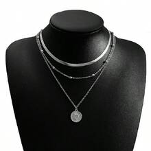 Simple Three-Layer Round Necklace With Multilayered Snake Lotus Pendant Necklace, Multilayered Gold Bead Disc - 銀色 - 查看 6