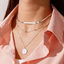 Simple Three-Layer Round Necklace With Multilayered Snake Lotus Pendant Necklace, Multilayered Gold Bead Disc - 銀色 - 查看 7