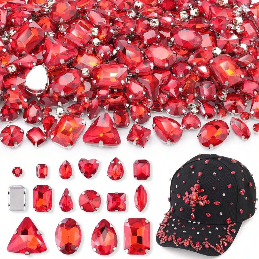 120/240pcs Red Sew-On Rhinestones, Mixed Shapes Flat Bottom Glass Rhinestones With Metal Base, Suitable For Handmade, Large Gem Decor For Clothing, Shoes, Hats, Bags And Sewing Accessories