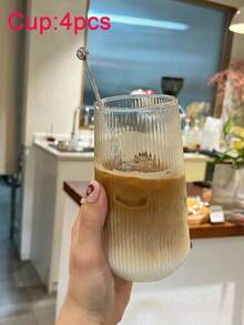 1 Striped Coffee Cup, Heat-Resistant Glass Cup, Iced Coffee Cup, Beverage Cup, Summer And Winter Cup, Glass Cup, Household Upright Milk Cup, Coffee Juice Cup, Single-Layer Large Capacity Transparent Glass Cup, Mug, Possible Cup, Juice Cup, Matcha Cup, Glass Cup, Beverage, Gift For Men, "", Alcohol, Christmas Wine Cup (Cups Without Straws Need To Be Placed Separately)