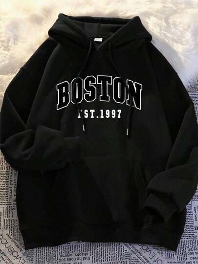 Hombre003 sudadera con capucha para hombres de manga larga con estampados modernos, ideal para las temporadas de otoño e invierno, una sudadera casual y abrigada Envío desde México Sudadera con capucha negra impresa con "BOSTON EST. 1997" en blanco, cómoda y elegante para cualquier ocasión. (Tallas corren pequeñas, pide una talla más grande.)