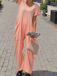 Women's Casual Home Daily Jumpsuit, Jumpsuit, Workwear, Suitable For All Seasons, Minimalist Women's Clothing - 橘色 - 查看 2