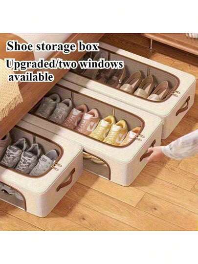 4-Season Foldable Double-Window Shoe Cabinet - Dustproof Stackable Under-Bed Storage, Beige Linen Vintage Style, Suitable For Sneakers, High Heels, Shoes, Etc. - Space-Saving Multi-Purpose Wardrobe And Bedroom Organizer Solution, Shoe Cabinet, Neutral Decor Complement, Under-Bed Storage