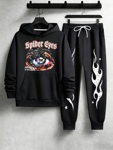 SECRET BASE Men's "Spider Eyes" Gothic Graphic Hoodie And Sweatpants Set - Oversized Streetwear Tracksuit - màu đen - Xem 4