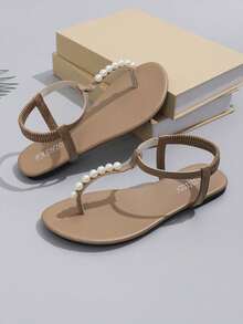女士T字带珍珠链条装饰夏季新款罗马平底凉鞋，女士夹趾舒适简约休闲沙滩度假风凉鞋，时尚套脚式，后跟配有弹性绑带 - 棕色 - 查看 5