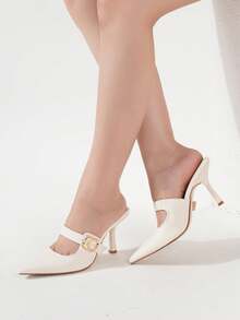Women's Minimalist Pointed Toe Metal Buckle Decor Stiletto High Heel Sandals, Fashionable Elegant Open Toe Mule Pumps, Suitable For Summer Outdoor Activities, Parties, Weddings, Valentine's Day And Other Occasions, Kitten Heel - Beige - View 2