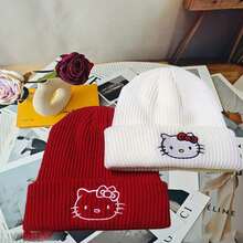 Sanrio Hello Kitty Knitted Hat, Versatile Beanie, Cute Embroidered Knit Hat, KT Cat Knitted Hat, Essential For Keeping Warm In Autumn/Winter - White - View 7