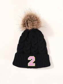 1顶黑色针织帽，带有0-9数字贴片，保暖滑雪帽，适合儿童男女，Y2K风格户外冬季毛线帽，多功能休闲保暖帽，适合角色扮演 - 黑色 - 查看 4