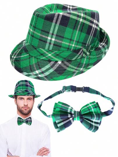 D EXCEED 2 Pcs St. Patrick's Day Plaid Fabric Fedora Hat/Sequined Hat And Bowknot Set, Green Irish Cap Party Cosplay Costumes Accessory For Women Men