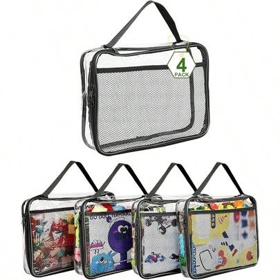 4 Packs PVC Zippered Blocks, 13.3 Inchx3 Inchx10.4 Inch Travel Storage Case Bags Organizing, Waterproof Storage Bags With Mesh Pockets Building Blocks, Puzzles, Clays, Black