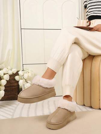 Kvinnors mysiga fuskpälsfodrade platåtofflor vintervarma inomhusskor halkfria mjuka minnesskumsandaler bekväma hemsovrumsslippers