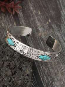 1pc Vintage Bohemian Western Totem Engraved Inlaid Turquoise Bracelet, Jewelry Gift For Women - 復古銀色 - 查看 3