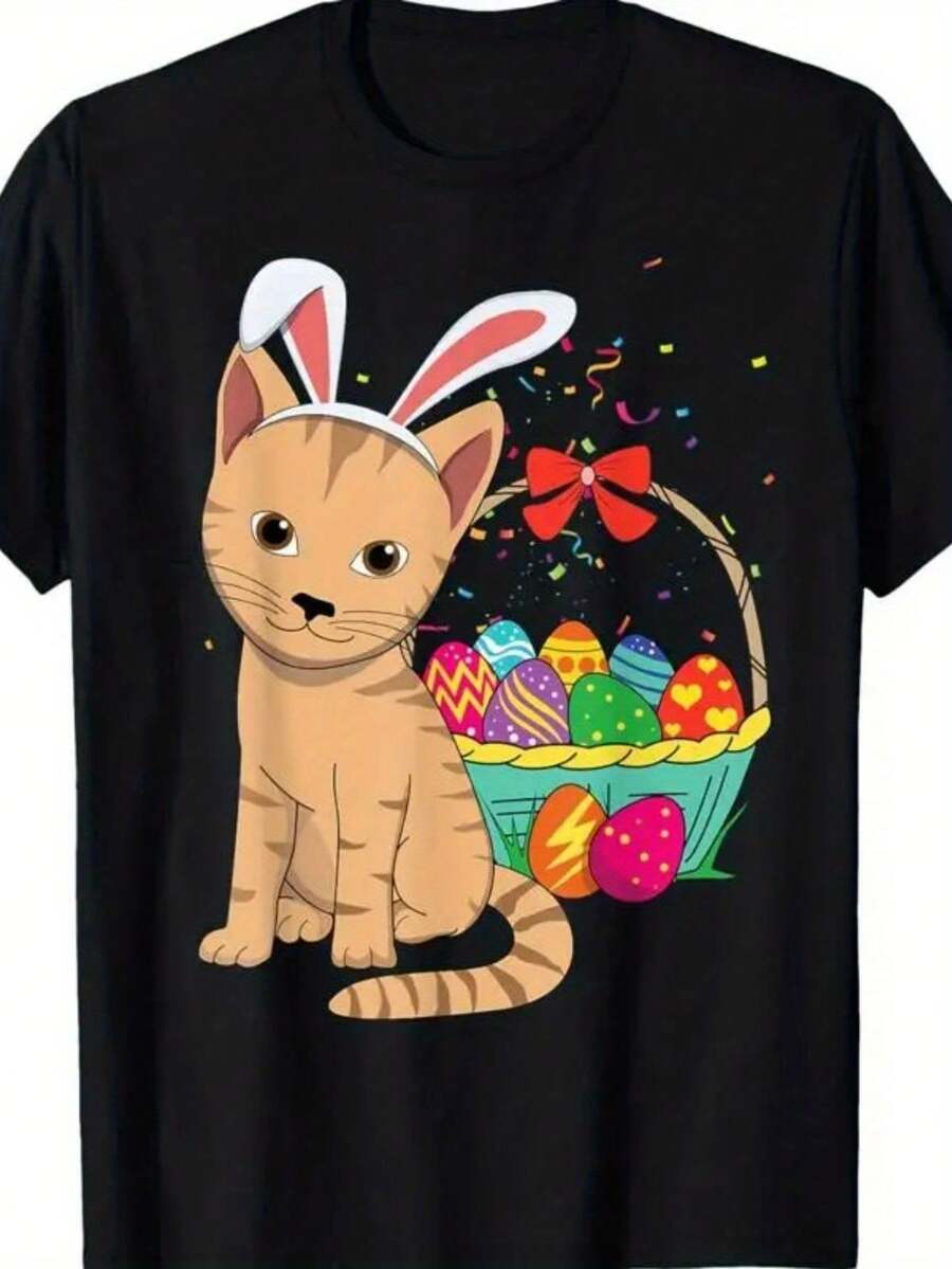 Kawa Cute Cat Bunny Rabbit Eats Egg Happy Easter Sunday T Shirt - Đen 10 - Xem 1