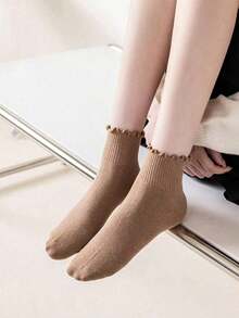 6 Pairs Women's Ruffle Trim Solid Color Socks, Soft & Comfortable, Suitable For Daily, Holiday, Outdoor Wear, All Seasons, Fall - Multicolor 2 - View 2