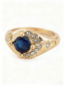 1PC Blue Synthetic Zirconia Jewelry, Moon Crescent Gold Color Wedding Jewelry Party Gifts Moon And Star Ring Minimalist Gift, Gift Ring For Her - 戒指 - 查看 3
