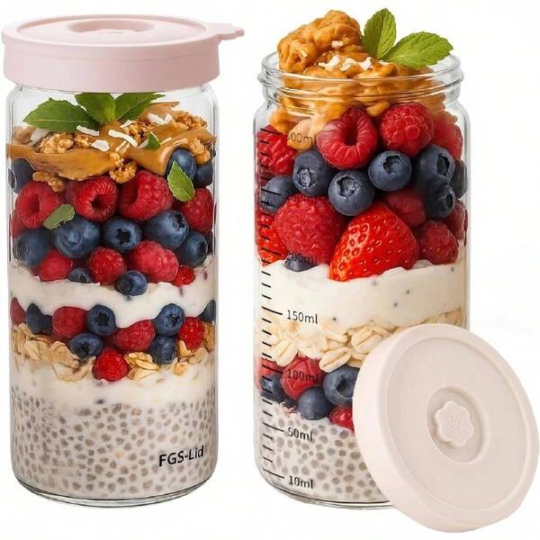 Overnight Oats Containers With Silicone Airtight Lids - 2 - Pack 10oz Wide Mouth Salad Jars, Airtight Glass Containers/Meal Prep Jars, Chia, Pudding, Yogurt, Cereal, Sugar, Snack.