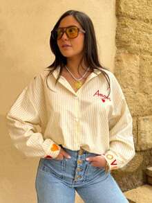 Solstice Apparel Heart & Letter Embroidery Yellow White Contrast Stripe Shirt, Lapel Loose Slim Fit Lazy Vibe Long Sleeve Blouse, Perfect For Commute, Streetwear, Dates, Girls' Brunch & Valentine's Day, Spring Summer Top - Yellow - View 2