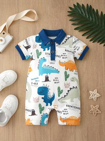 Infant Polo Collar One-Piece Romper, Colorful Dinosaur All-Over Print, Casual Indoor & Outdoor Wear, Spring/Summer