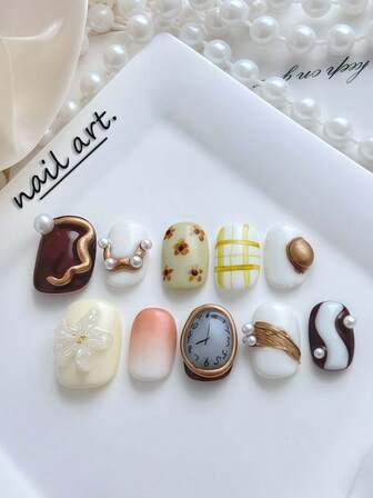 10 Pieces Of Handmade Press On Nails,Nail Art,Summer Nails,Press On Nails Square,Short Square Nails, Retro Timeless Elegance, Short Square Full Coverage Nail Tips, Suitable For Women And Girls For Daily Or Holiday Wear, High-End Quality. Nail Supplies Nails