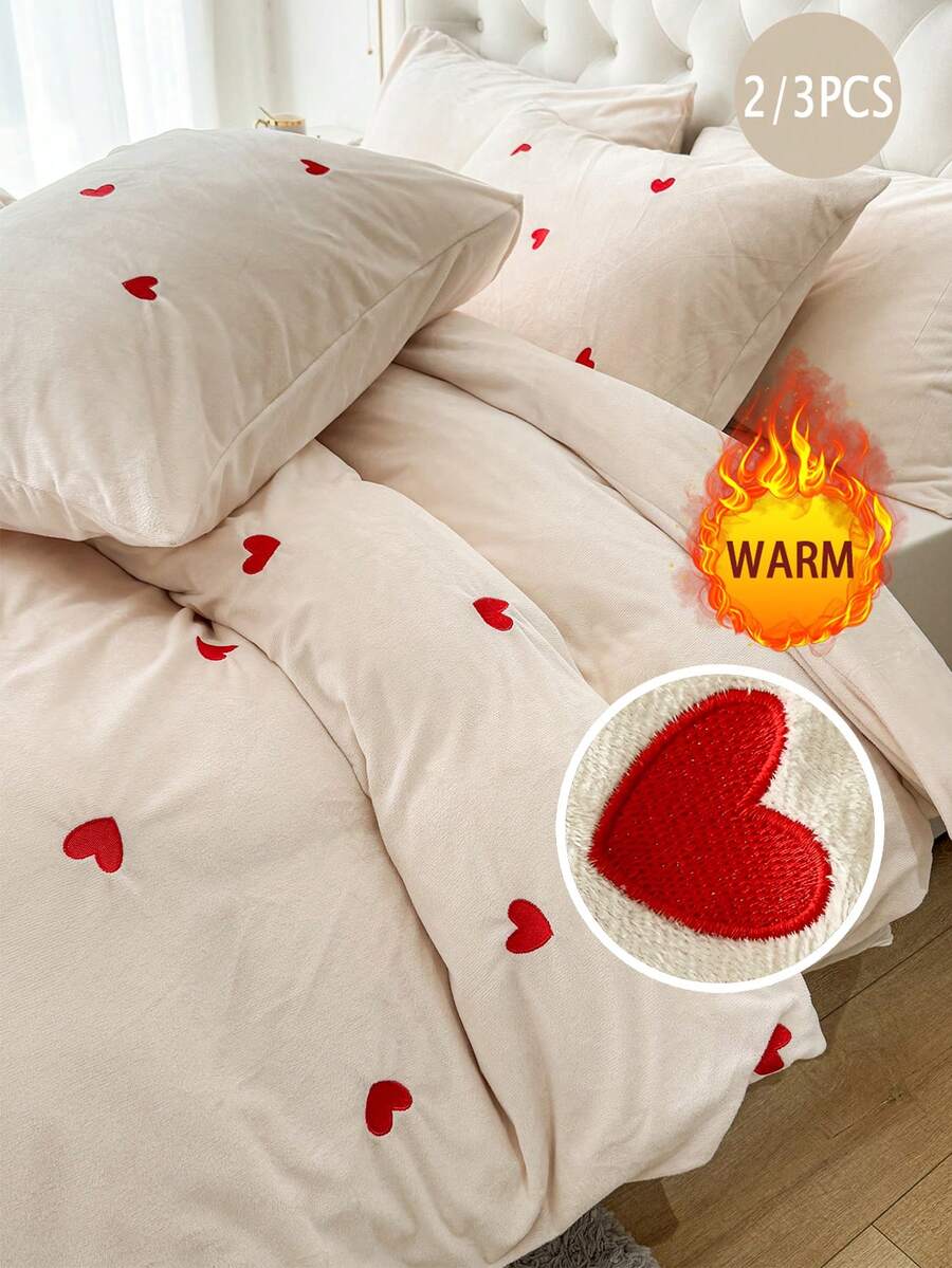 2/3 Stücke Samt-Bettwäsche-Set mit Herz-Stickerei, einfarbig, kuschelige Raumdekoration, weich und warm, hautfreundlich, einfarbige Serie, pflegeleicht und langanhaltend, Herbst- und Winterbettwäsche für Gästezimmer und Schlafzimmer, passend für alle Bettgrößen, (1 Bettbezug und 1/2 Kissenbezüge ohne Füllung), Heimtextilien, Bettwäsche-Geschenke, maschinenwaschbar