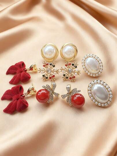 Set de 5 piezas de aretes de diseño único con lazo rojo minimalista y perla ovalada vintage, diseño de alta gama, adecuado para mujeres, Navidad, San Valentín y uso diario
