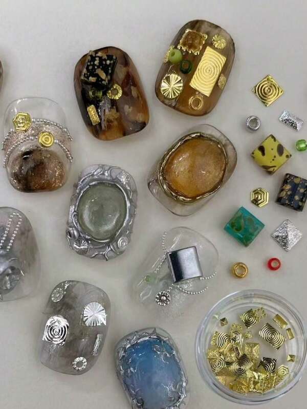 1 Box Vintage Metal Coin Discs, Niche Tie Dye Square Asymmetrical Nail Art Decorations, Exquisite & Stylish, Nail Salon DIY Accessories