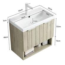 KAIRO Lavabo de Baño Montado en la Pared de 55cm con Lavabo de Cerámica Rectangular Blanco, Gabinete Rayado con Puertas Dobles y Estante Abierto, Color de Grano de Madera de Roble Crema - Blanco + Blanco roto + Cerámica + Contrachapado - Ver 5
