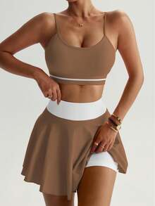 Women's Sports Suit With Vest And Skirt, Suitable For Sporty Casual - Màu Khaki - Xem 5