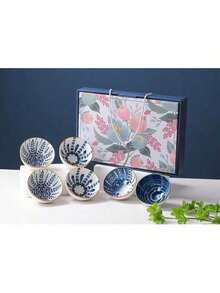 4-teilige und 6-teilige Geschenkboxen mit Keramikschalen, blau-weiß gemusterte Keramikgeschirrsets im japanischen Stil, kreative Geschenkboxen mit gemusterten Schalen, Keramikschalen mit tragbarer Verpackung, geeignet für Familienfeiern, Weihnachtsgeschenke, Küchentische, schön und praktisch, leicht zu reinigen, bei hohen Temperaturen gebrannt, langlebiges Geschenkgeschirr - Verschiedenfarbig - Übersicht 7